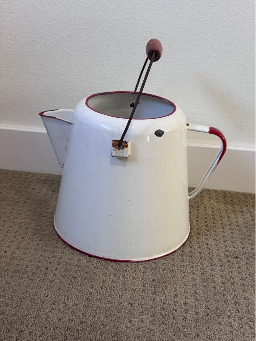 Vintage White and Red Enamelware Kettle with Wooden Handle